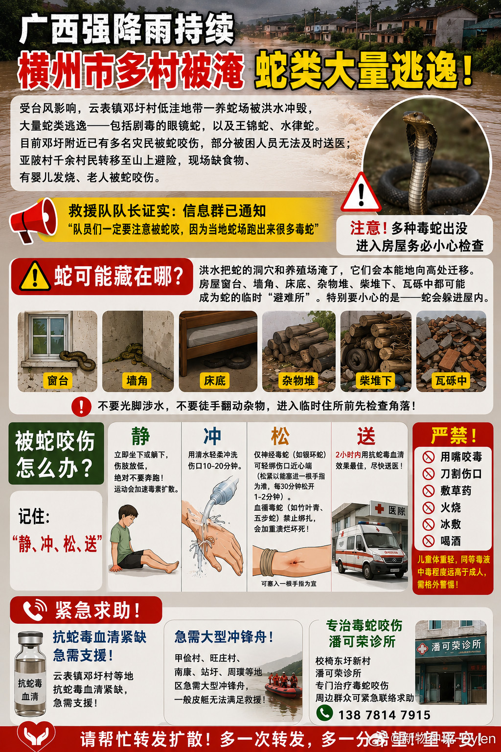 广西蛇场今天横州市云表镇邓圩村一低洼养蛇场被洪水冲毁，大量蛇类逃逸（含剧毒眼镜