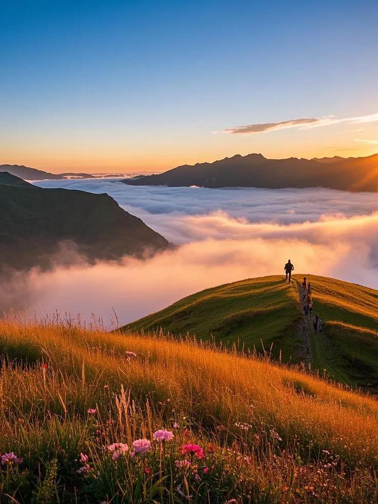 江西武功山，夕阳初照，高山草甸染金芒，野花闪烁，如诗如画。又一季的武功山高山丁