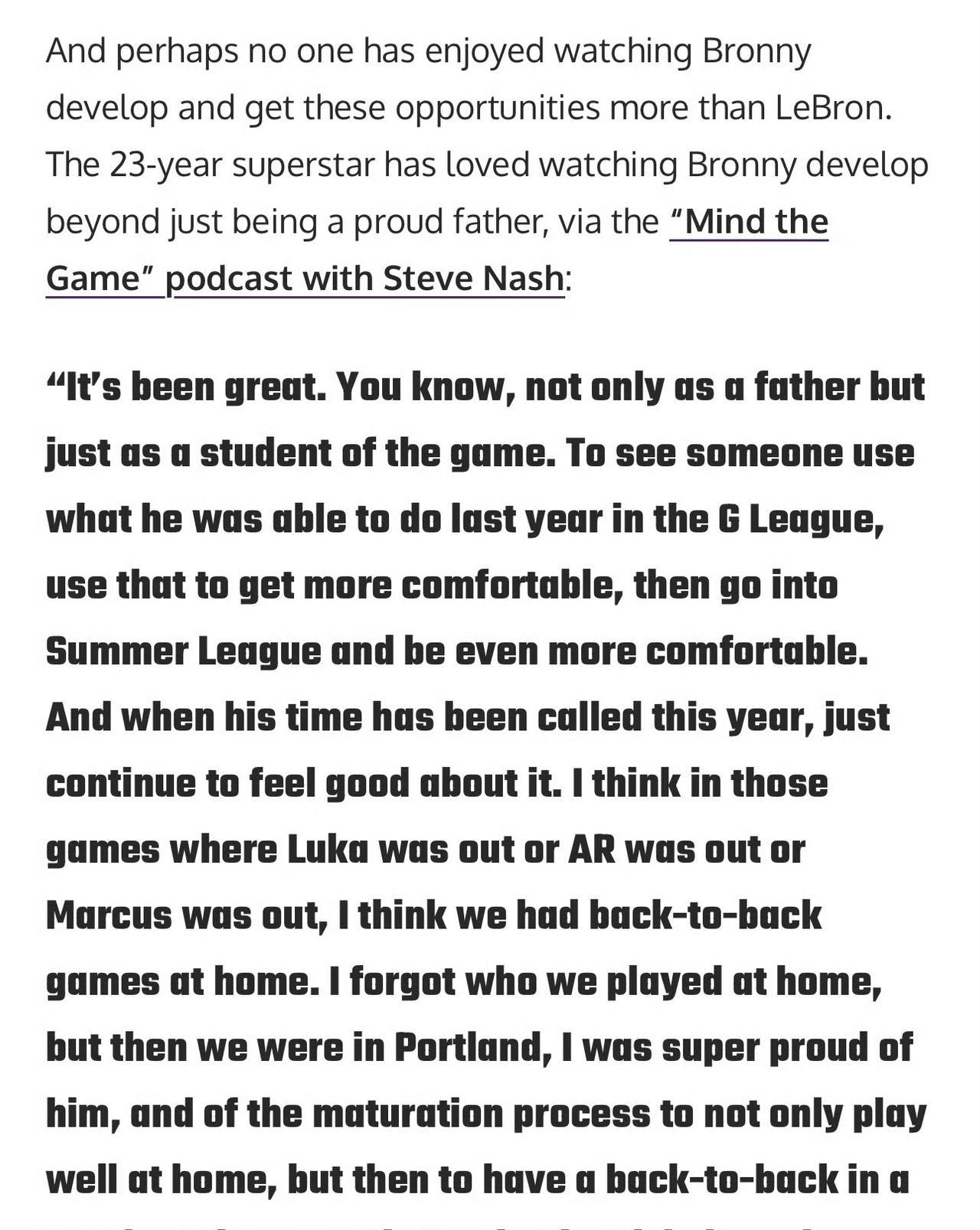 詹姆斯前几天在自己的播客节目中谈到了布朗尼的成长：“这感觉太棒了，因为我不仅是