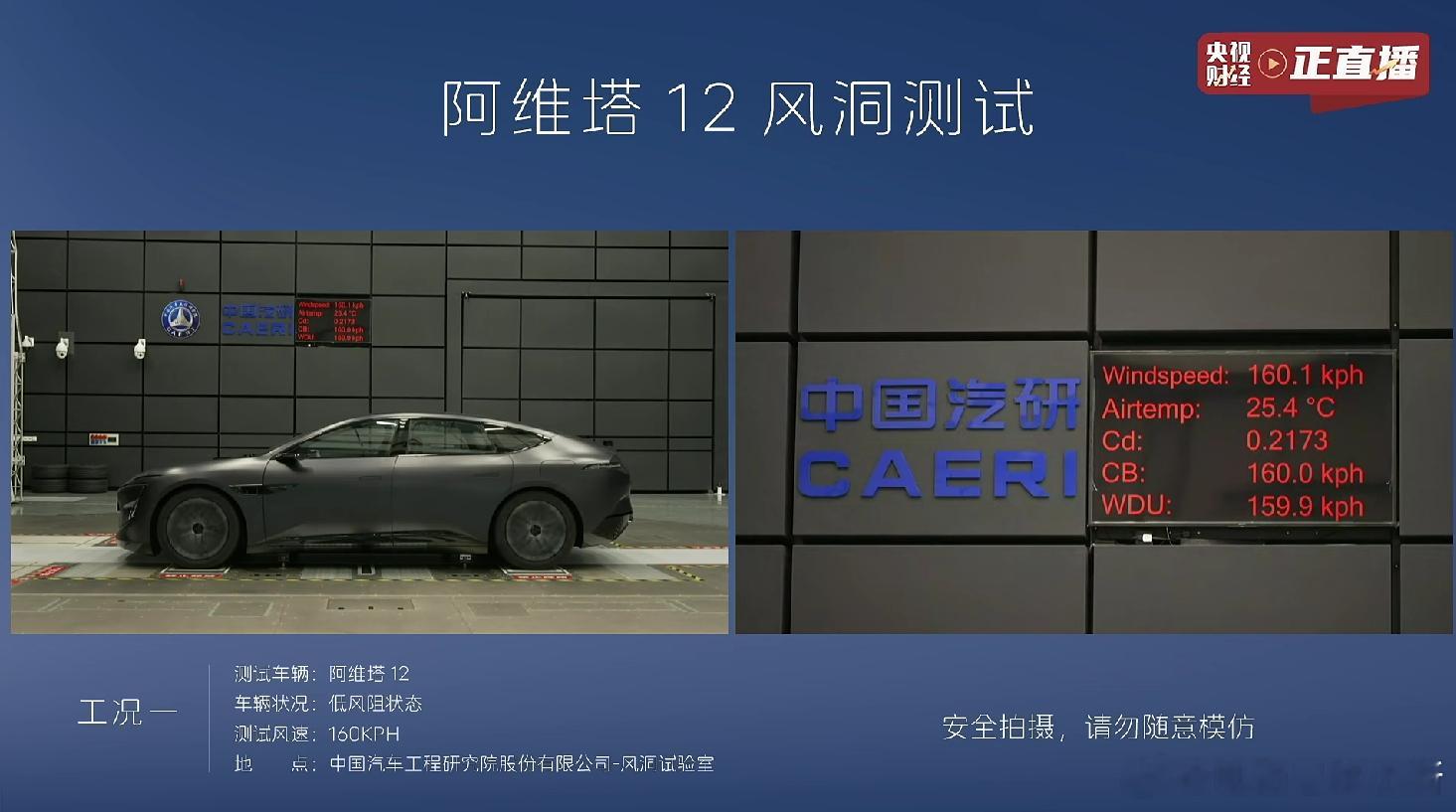 阿维塔风洞测试个工况的成绩如下：工况一：风阻系数0.217;工况二：风阻系数