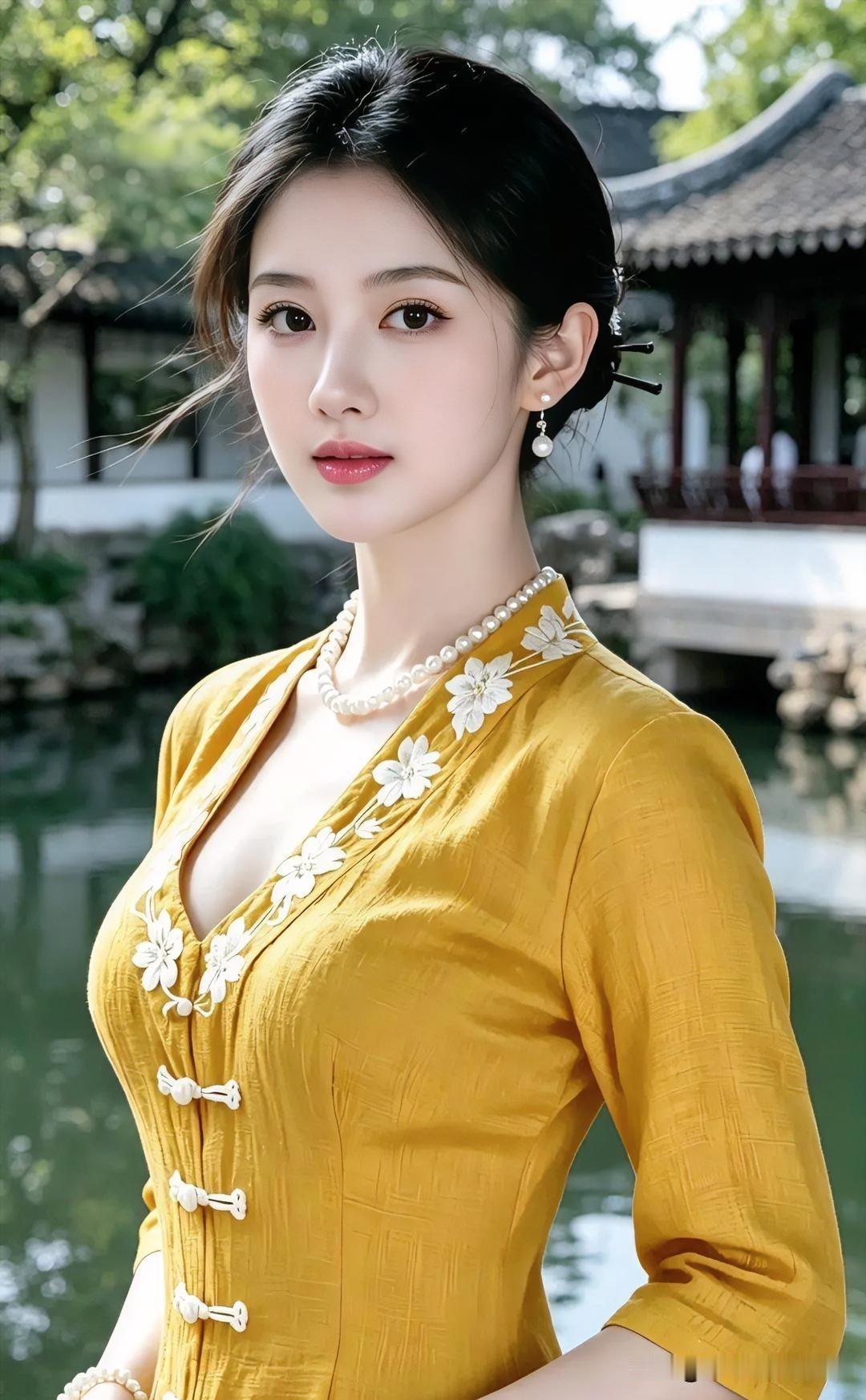【现代散文诗·秋庭倩影】金黄衣袂缀素花，珍珠轻绕颈腕间。古亭水畔回眸