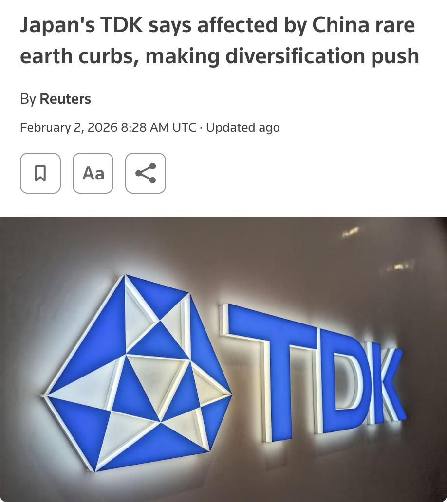 外媒：日本电子元件制造商TDK表示，受中国稀土出口限制影响，公司正努力多元化采购