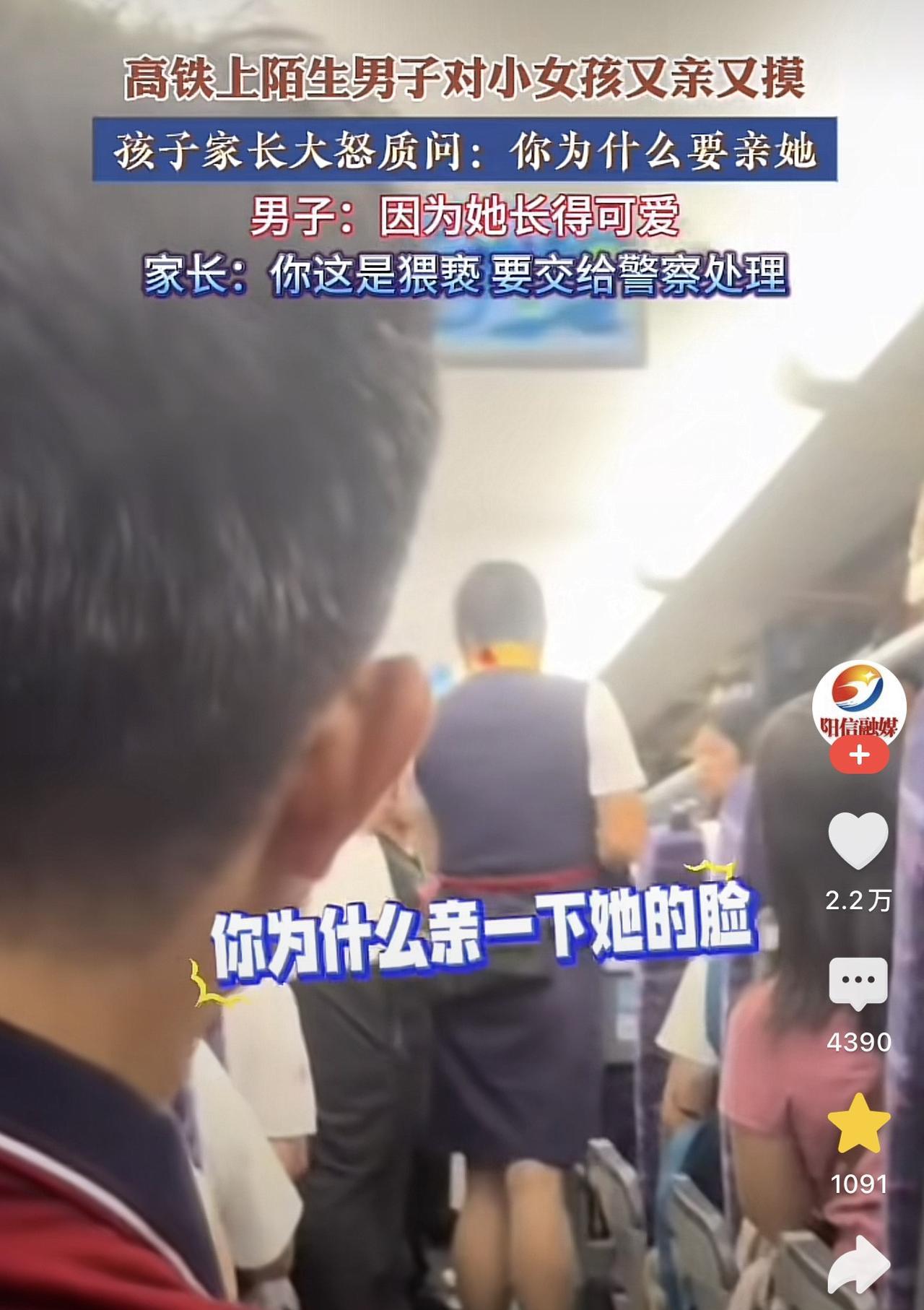 广东，一名母亲带着小孩乘坐高铁，结果却被同车的一大叔又亲又摸，母亲发现后对着男子