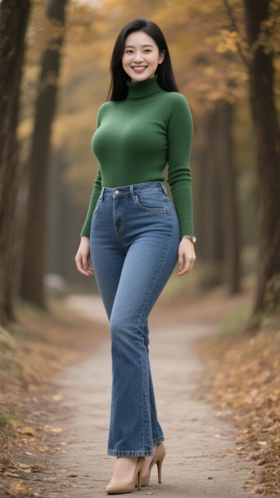 《秋径逢青》绿衫裁得秋光半，漫踏金英落满肩。笑靥轻开云影动，晴光一缕入眉