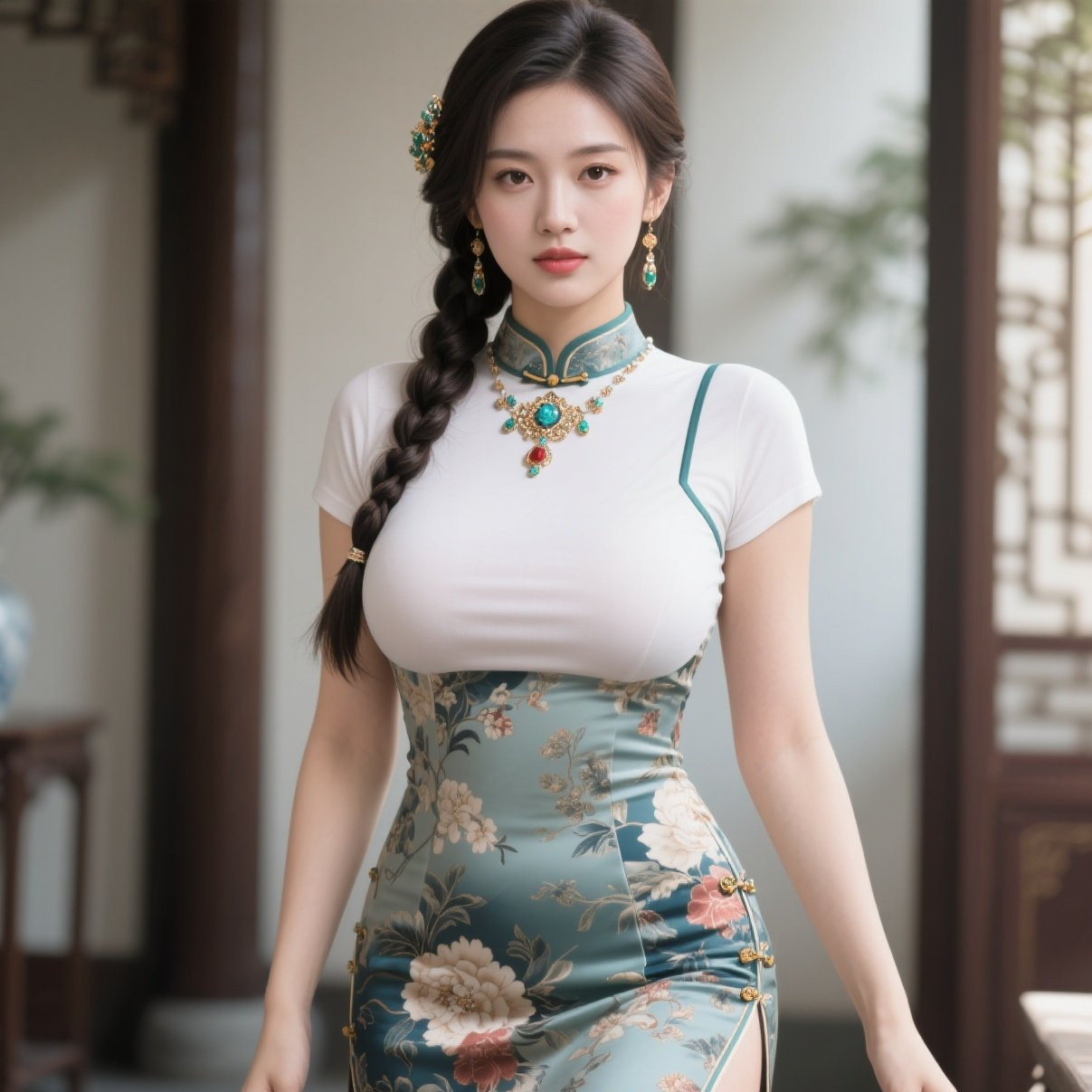 少妇旗袍韵千重，珠圆玉润最惊鸿