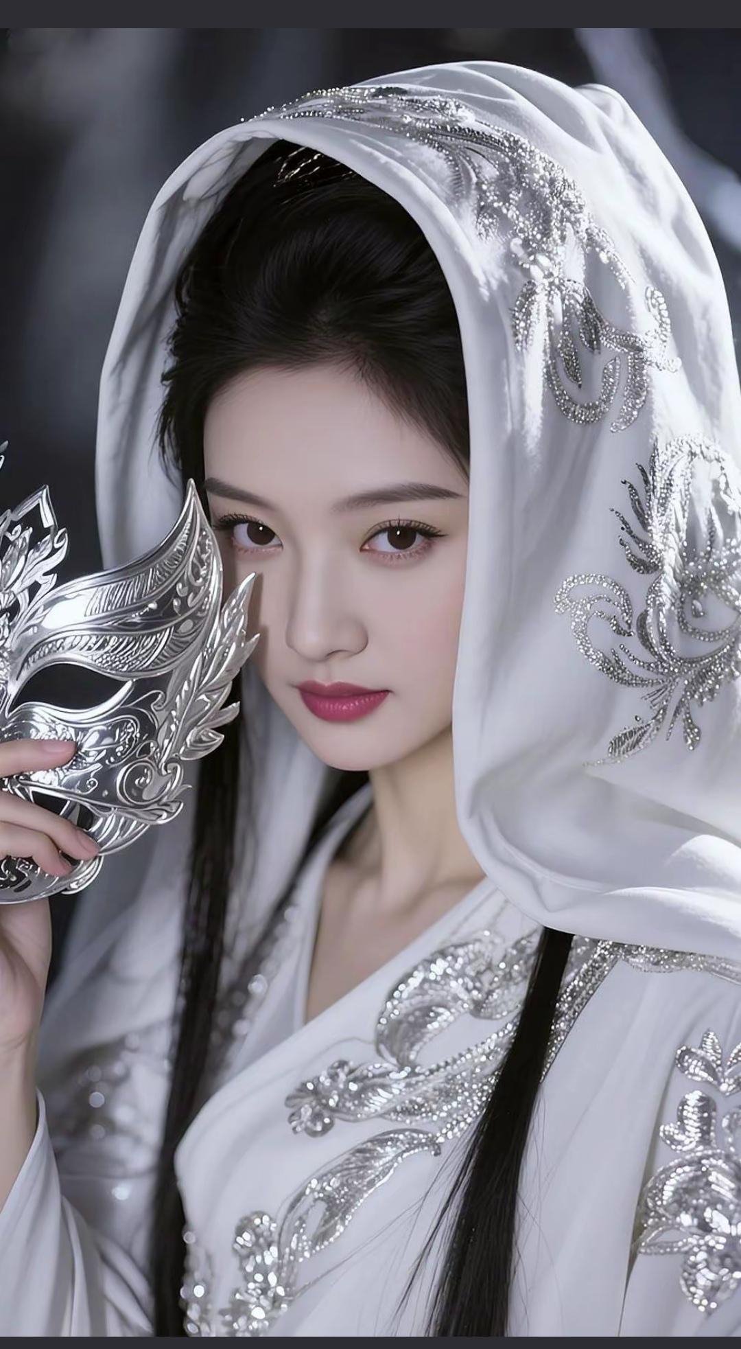 神秘东方美人，手持银饰，华丽刺绣，古典优雅。