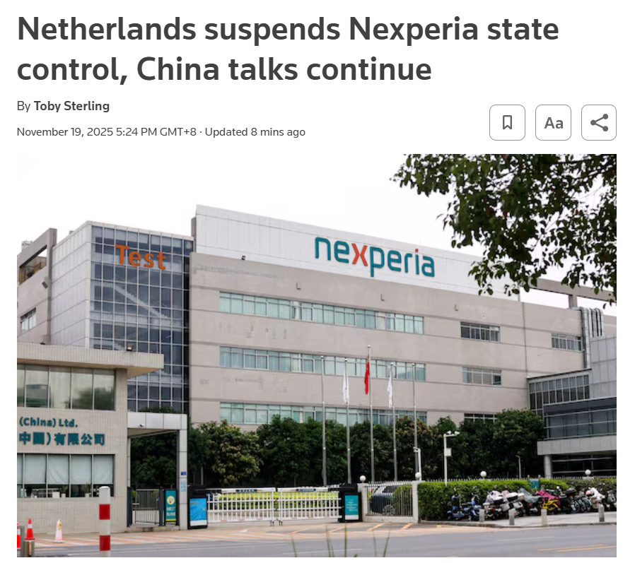 突发：荷兰暂停对安世的政府干预路透社半小时前报道，荷兰政府周三表示，在与中国就芯