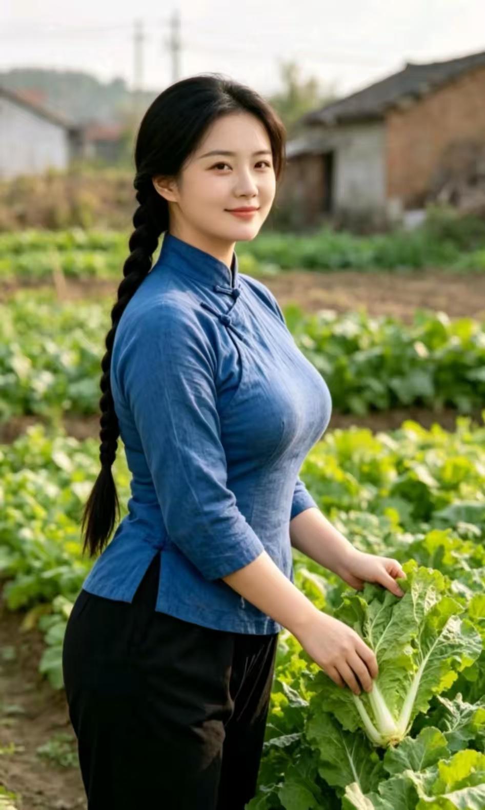 田园少女田园俏女笑如花，纤手轻捧绿野嘉。不染尘烦怀素朴，一心清雅恋烟霞。