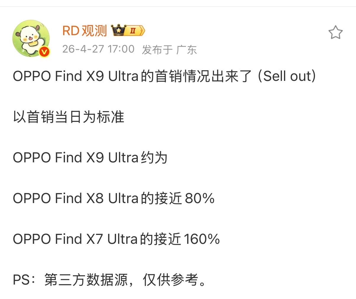 OPPOFindX9Ultra起售价比友商贵了500，这个销量可以说很牛