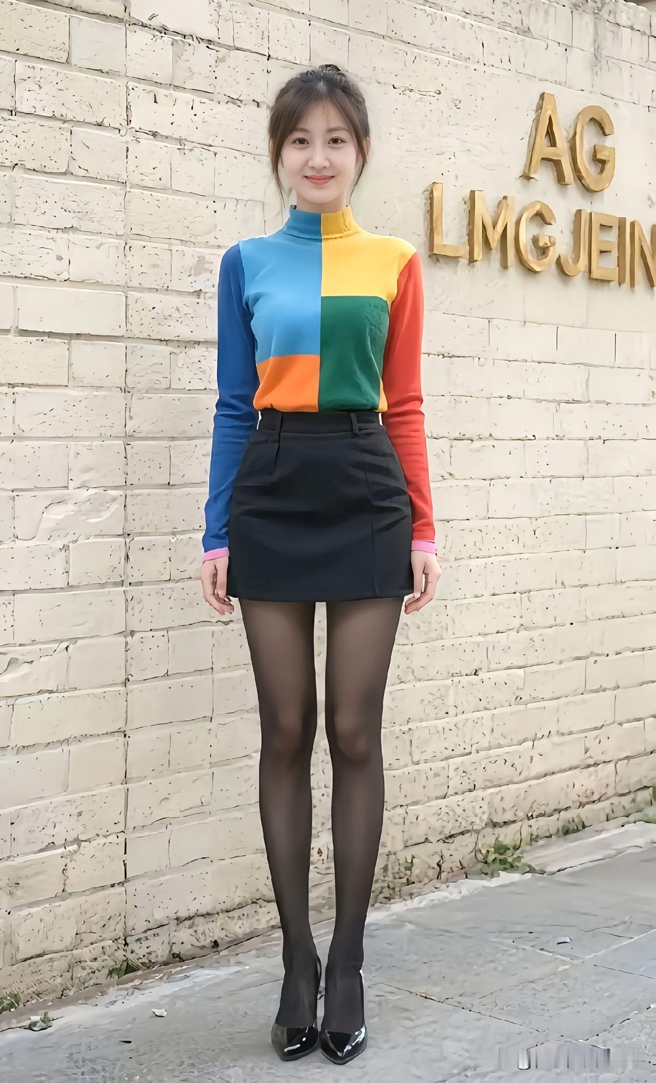 彩色拼接高领衫搭配黑色短裙，青春活力满满