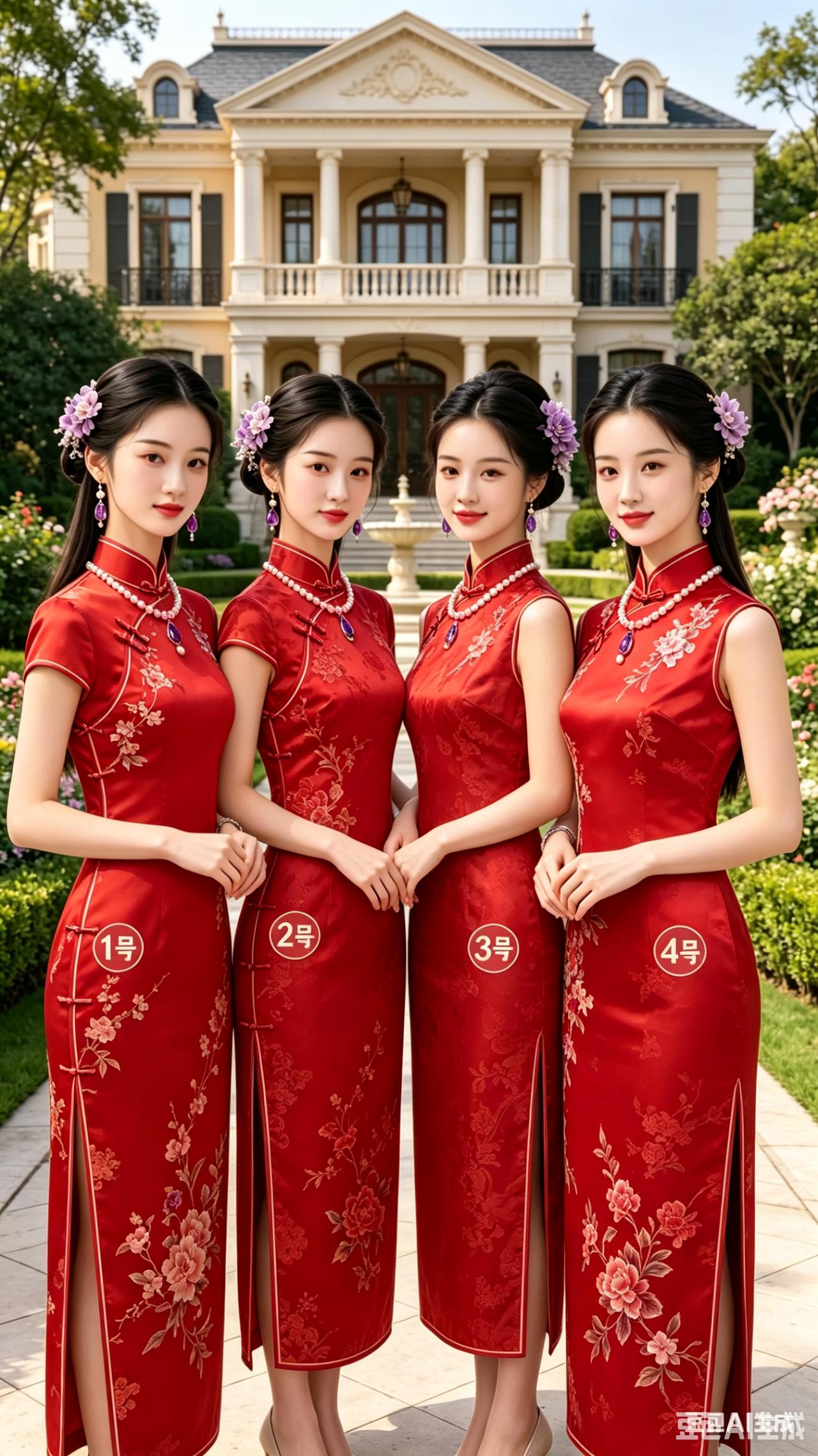 四美旗袍秀四位姑娘着红袍，容貌相似难分晓。豪宅花园依次站，一二三四标识了