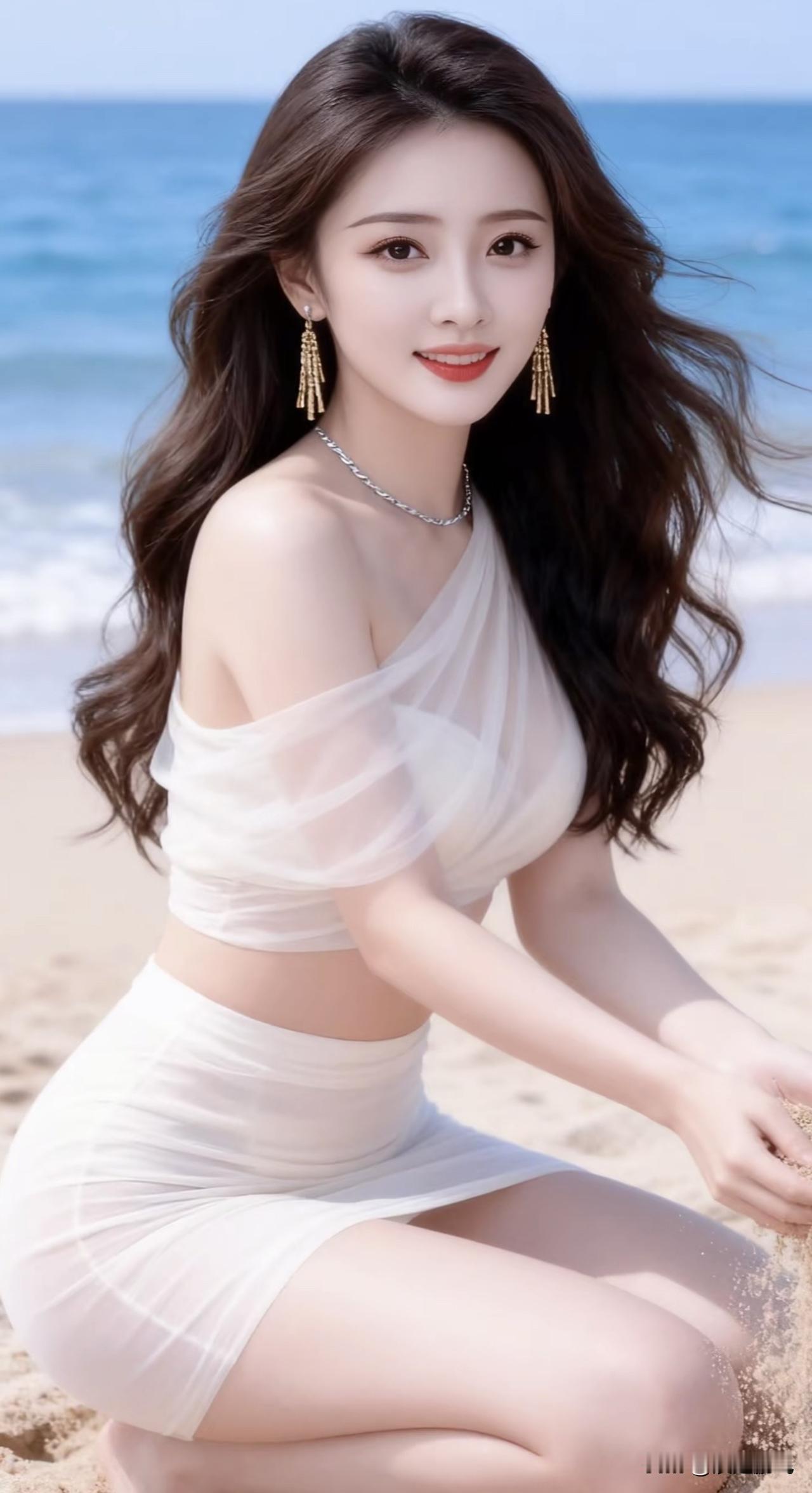 沙滩上的甜美少女，海风轻拂，笑容灿烂海边元气少女沙滩海浪美少女沙滩白裙少女