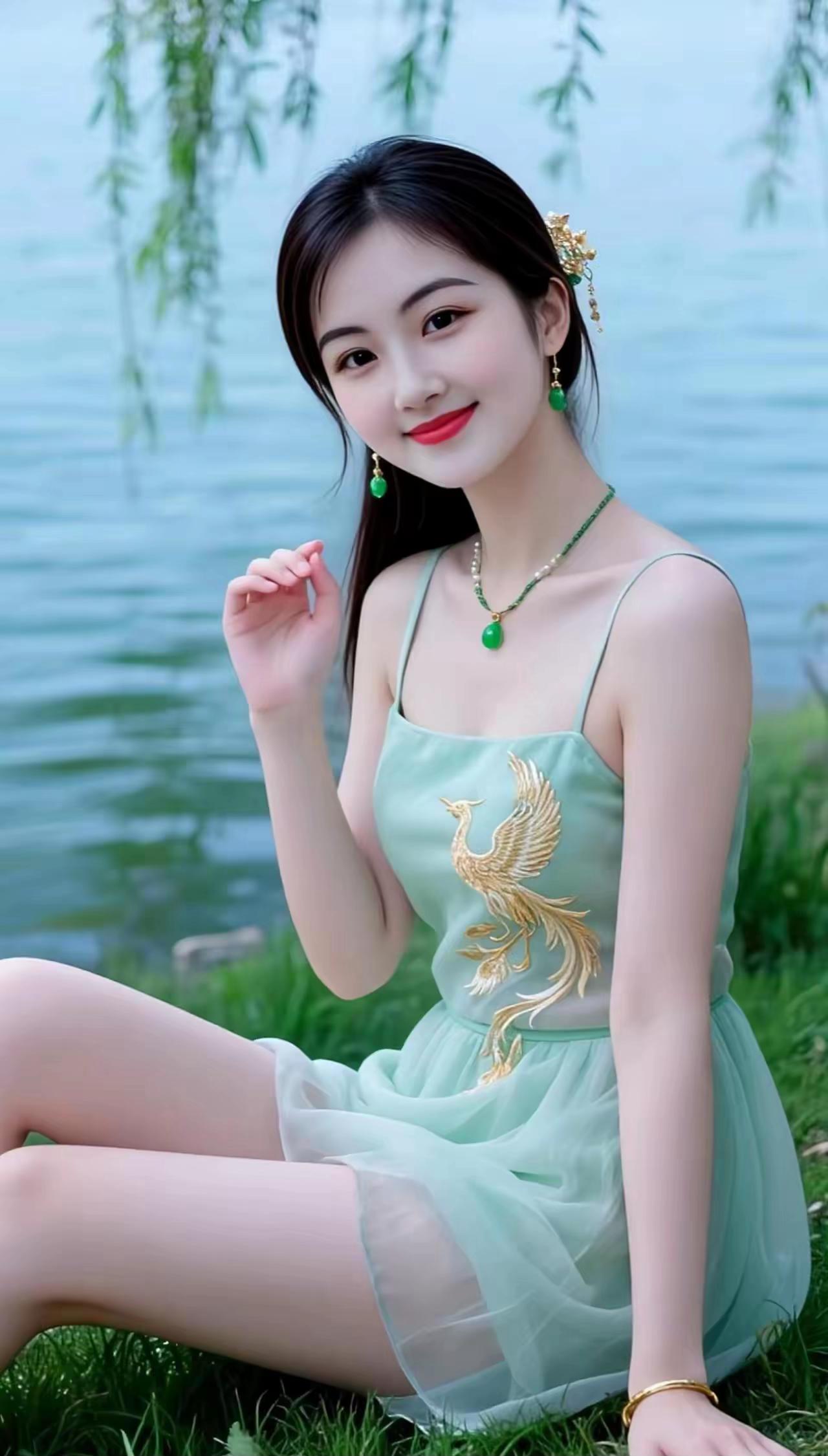 湖边美女，青纯亮丽