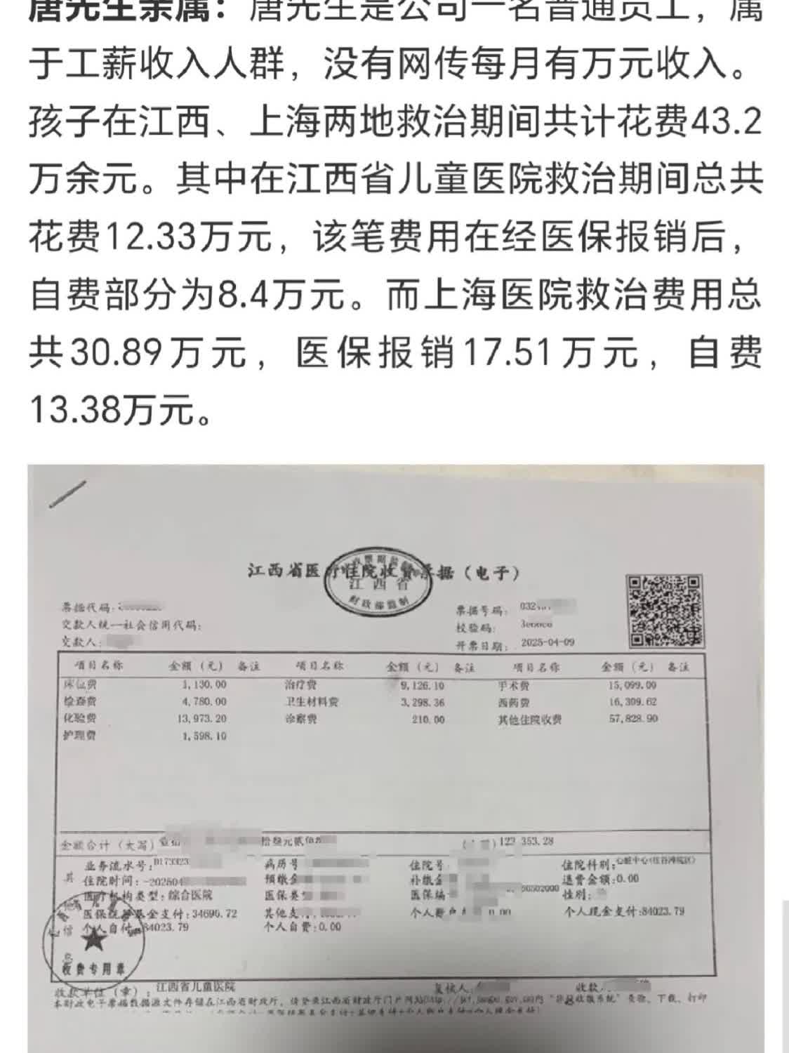 江西救护车，这才是真相！孩子的医药费，上海和江西一共花了43万元左右，患者自