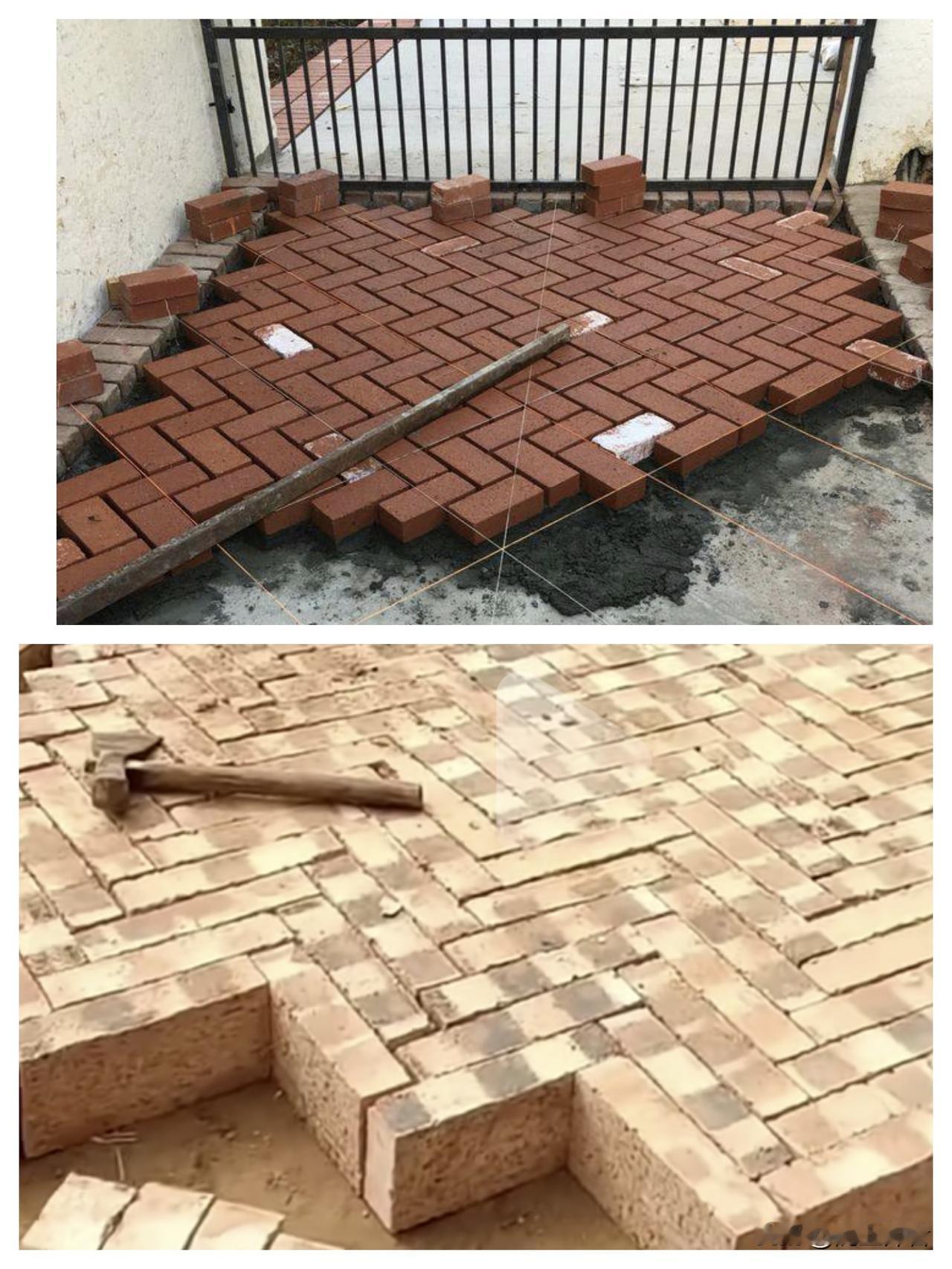 土院子里要铺红砖，每天工价400块钱的师傅建议我铺成下图这种样式的，但是在我的印