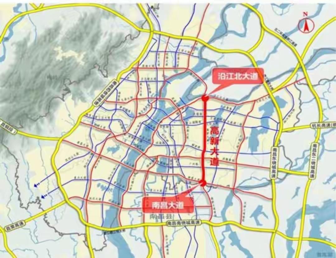 南昌高新大道快速路地理位置示意图南昌高新大道快速路北接隆兴大桥，南连南昌大道
