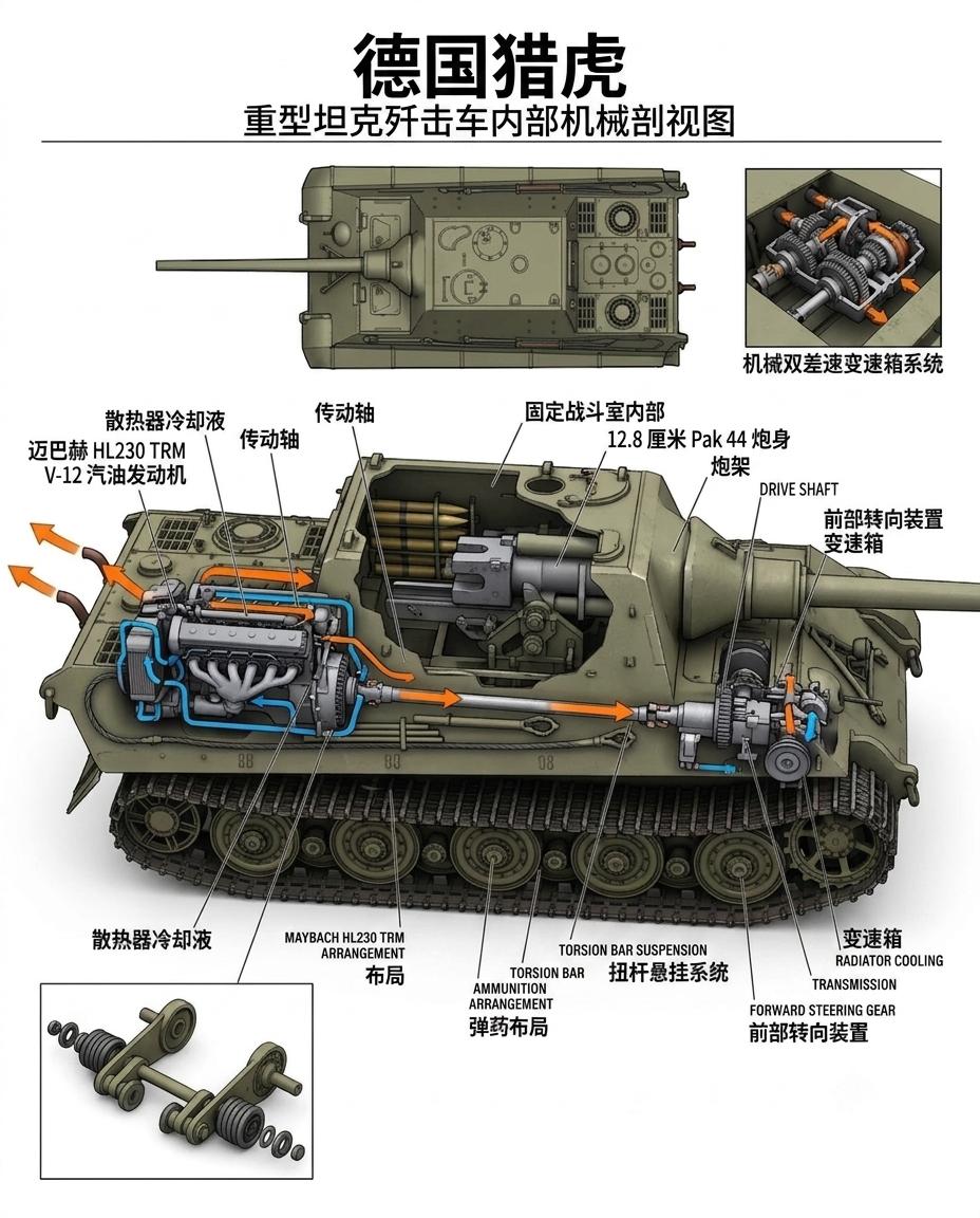 这份完整内部剖视图纸把德国猎虎重型坦克歼击车的全部内部构造完整剖开，从后置动力舱