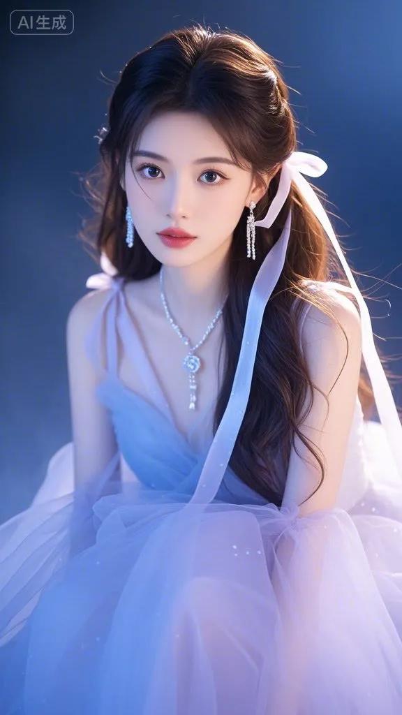 梦幻蓝裙少女，优雅气质满满！