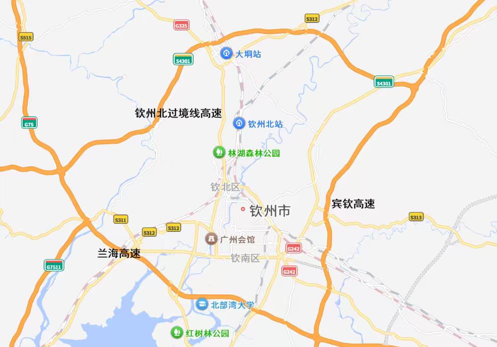 钦州环城高速由宾钦高速、兰海高速、钦州过境高速（钦州北过境线）共同衔接形成闭合绕