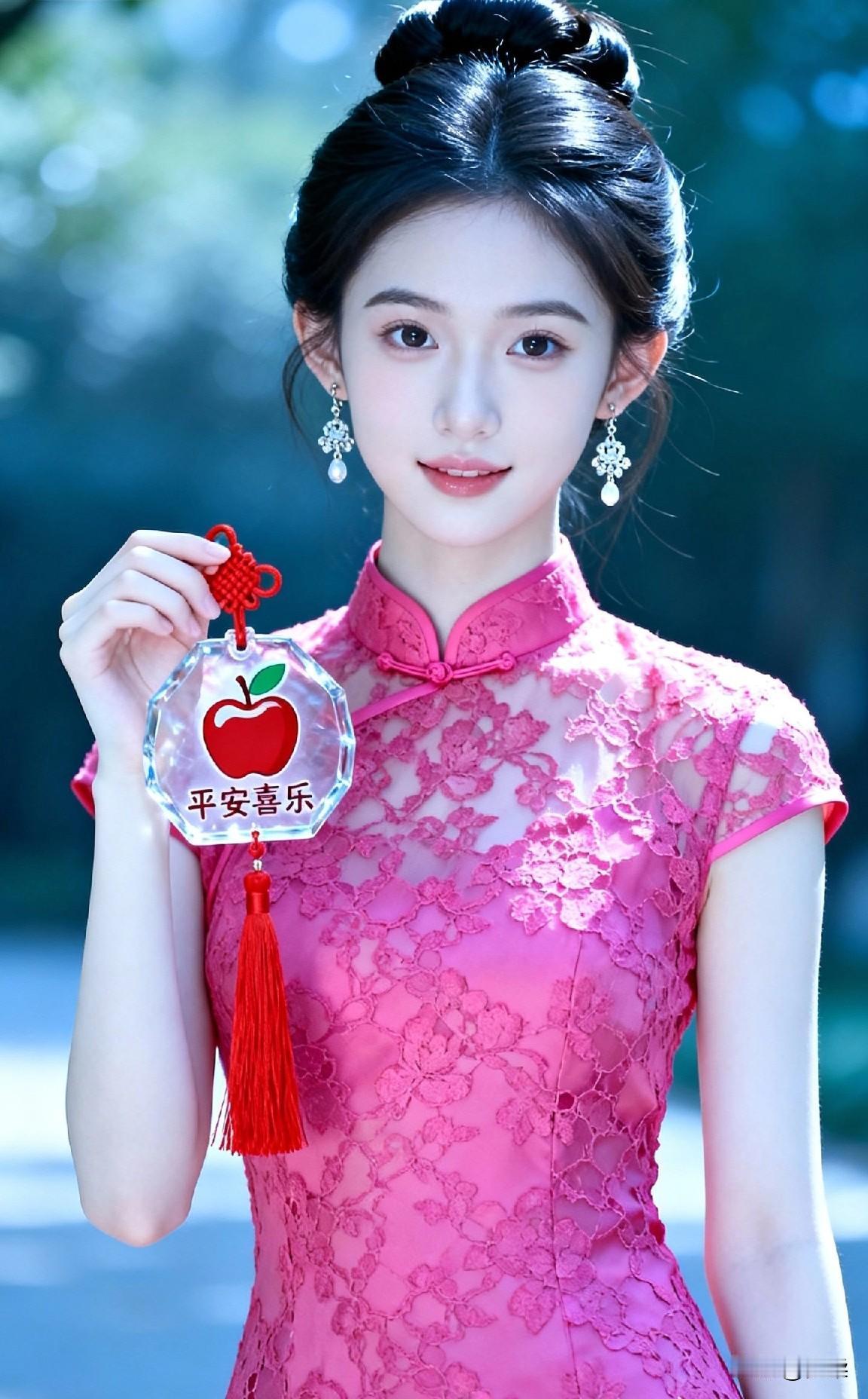 一袭正红旗袍裹身，盘扣系住旧岁温婉，裙摆摇曳新年盛景。裁剪里藏着东方韵致，绣线间