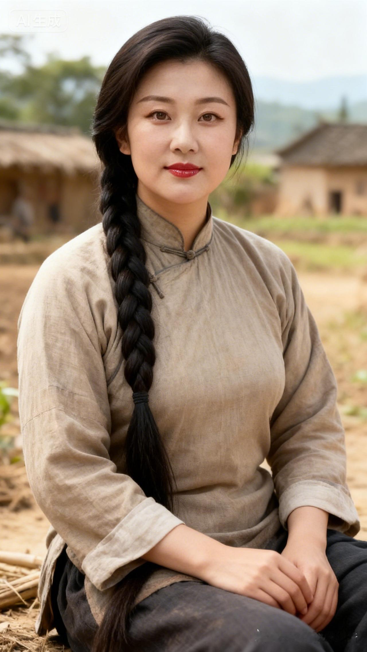 古风美女坐于乡村，红唇与长辫相映成趣，韵味十足。