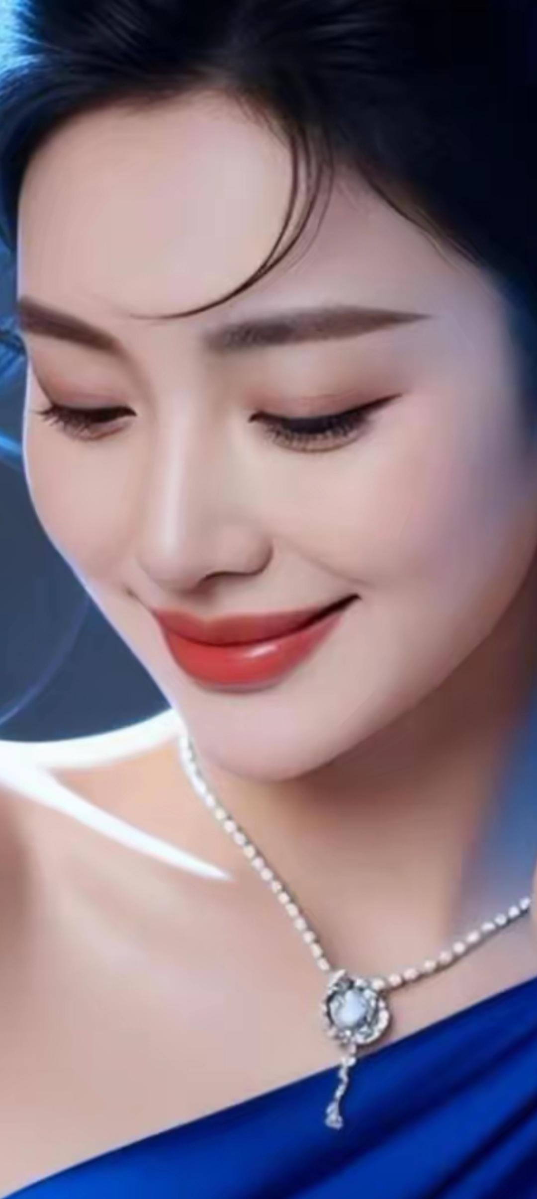 优雅蓝裙，闪耀项链，气质女神