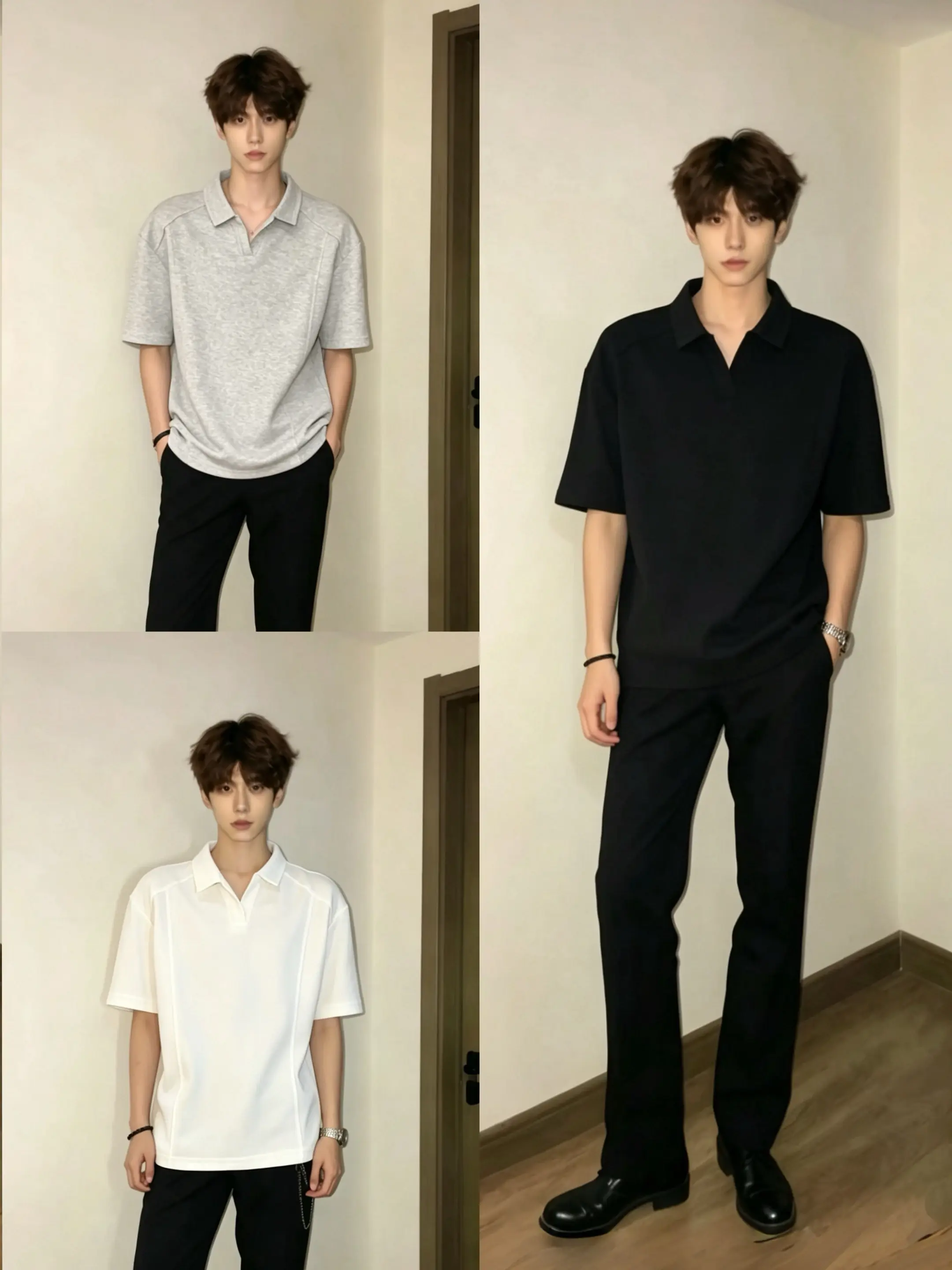 纯色polo衫，懒人穿搭不出错。