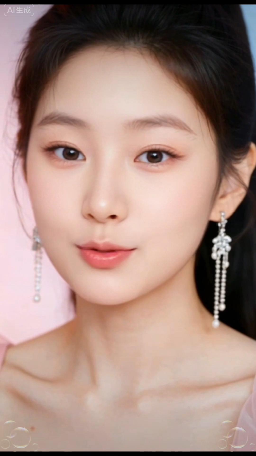 温柔甜美的少女，粉色背景下的梦幻妆容