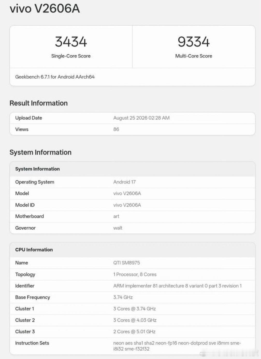 独家新闻iQOO16跑分出炉型号对应V2606A单核跑分3434多核跑分9334…总共12768万这