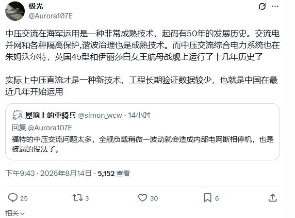 尬吹美国的中压交流路线更优秀？X上有来自国内的ID表示，中压交流在海军运用是一种
