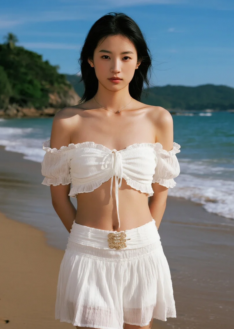 海风轻拂，她的美自然流露！