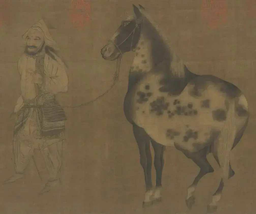 五代赵品《调马图》。绢本设色，纵29.5厘米，横49.4厘米，现藏上海博物馆。