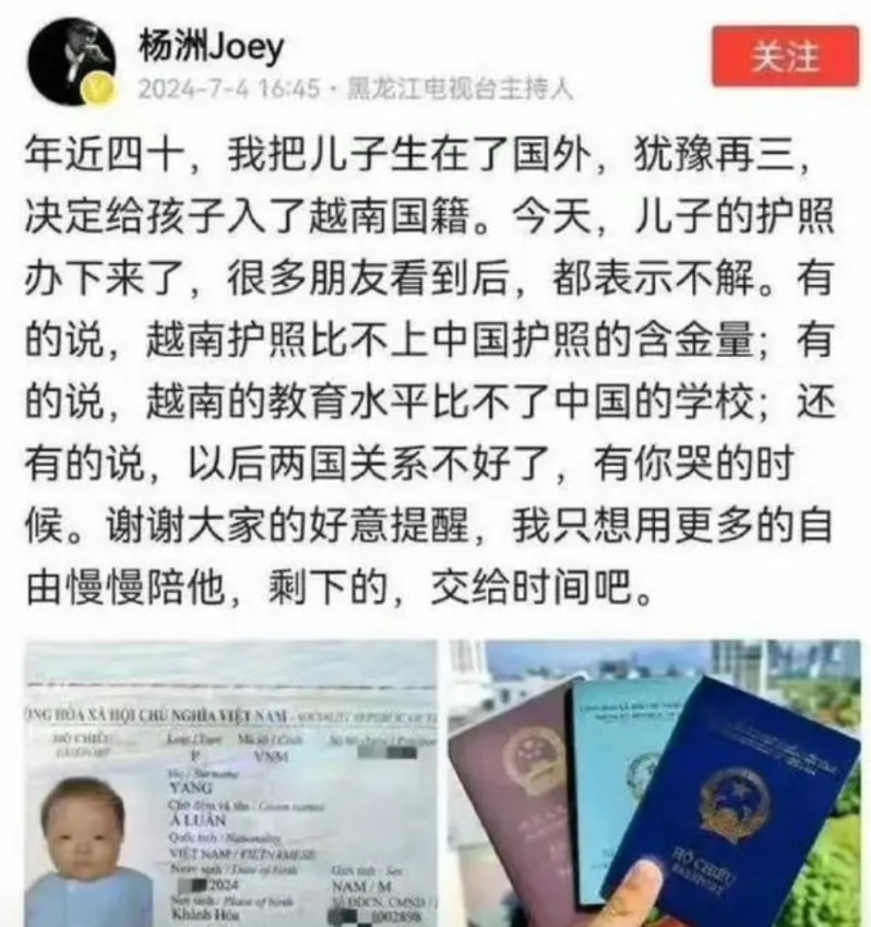 简直无法理解，这位中国人，还是省电视台主持人，竟然为儿子申请了越南籍，这都是啥脑