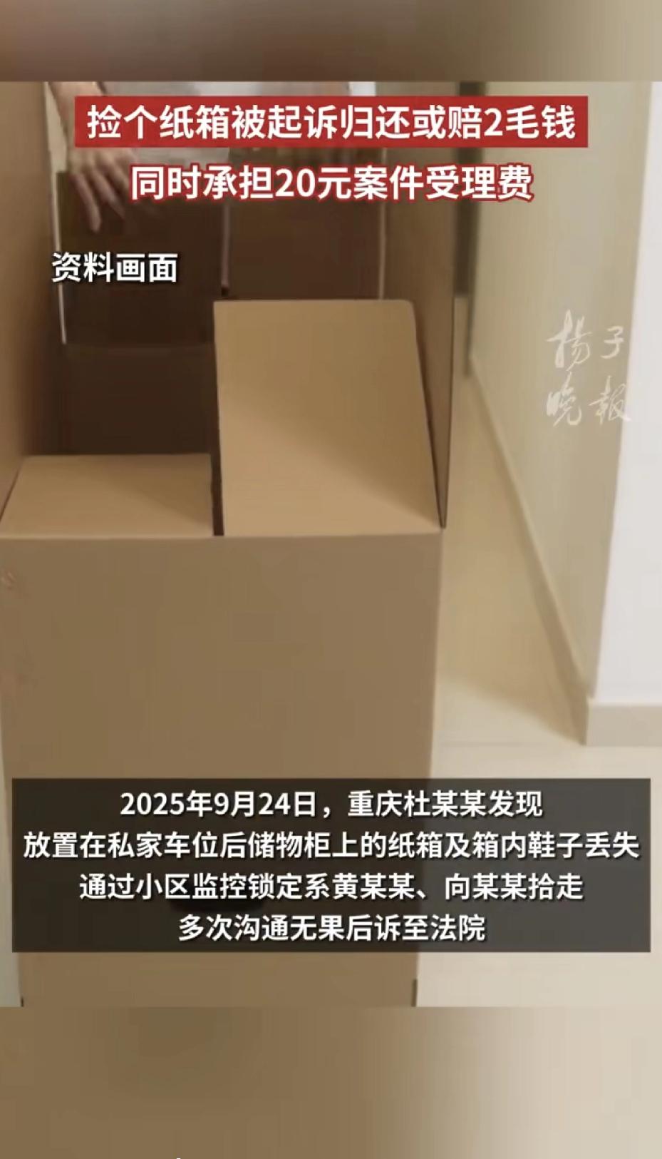 重庆一女子发现纸箱被两名男子捡走，她坚持维权，最后法院判决赔偿0.2元和20元诉
