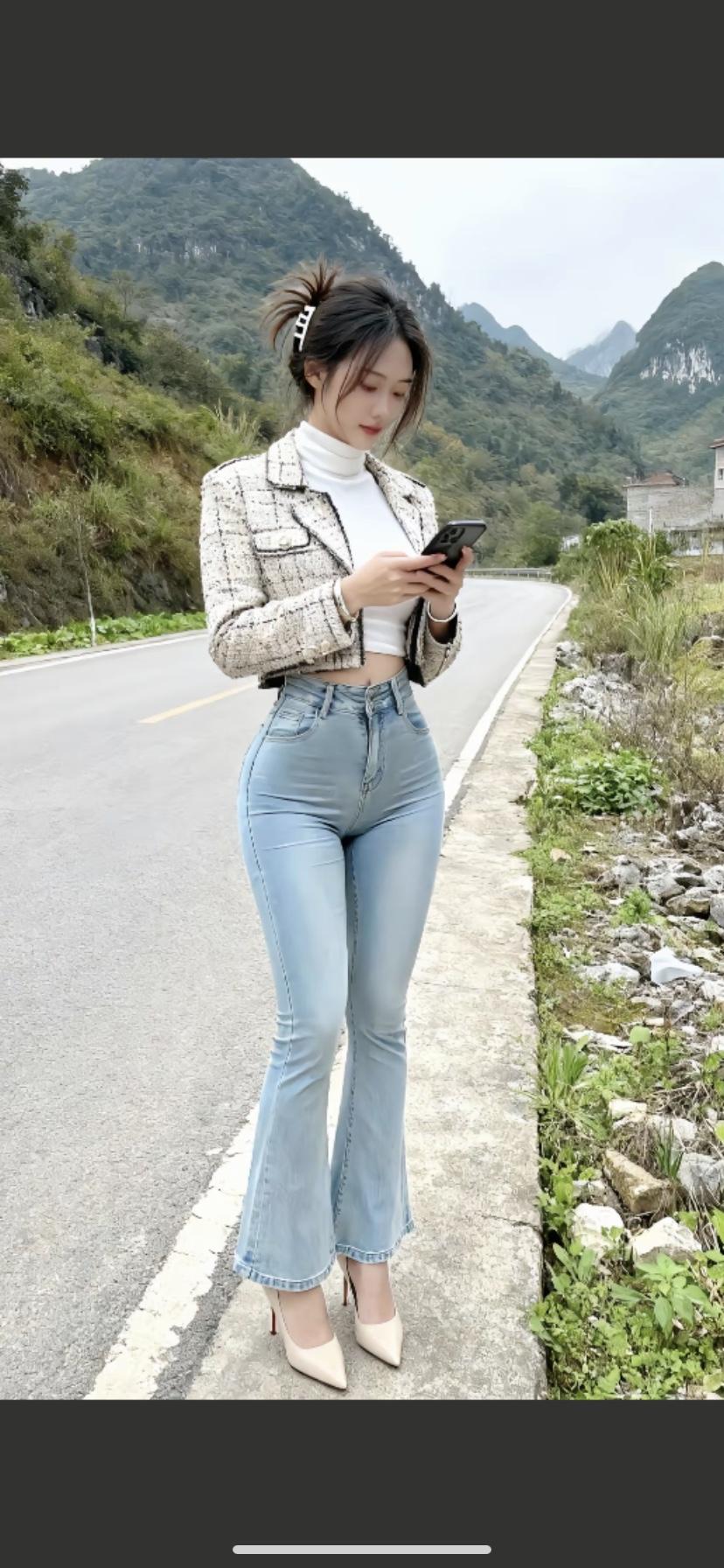 山间小路，时尚穿搭，手机相伴，自在悠然。