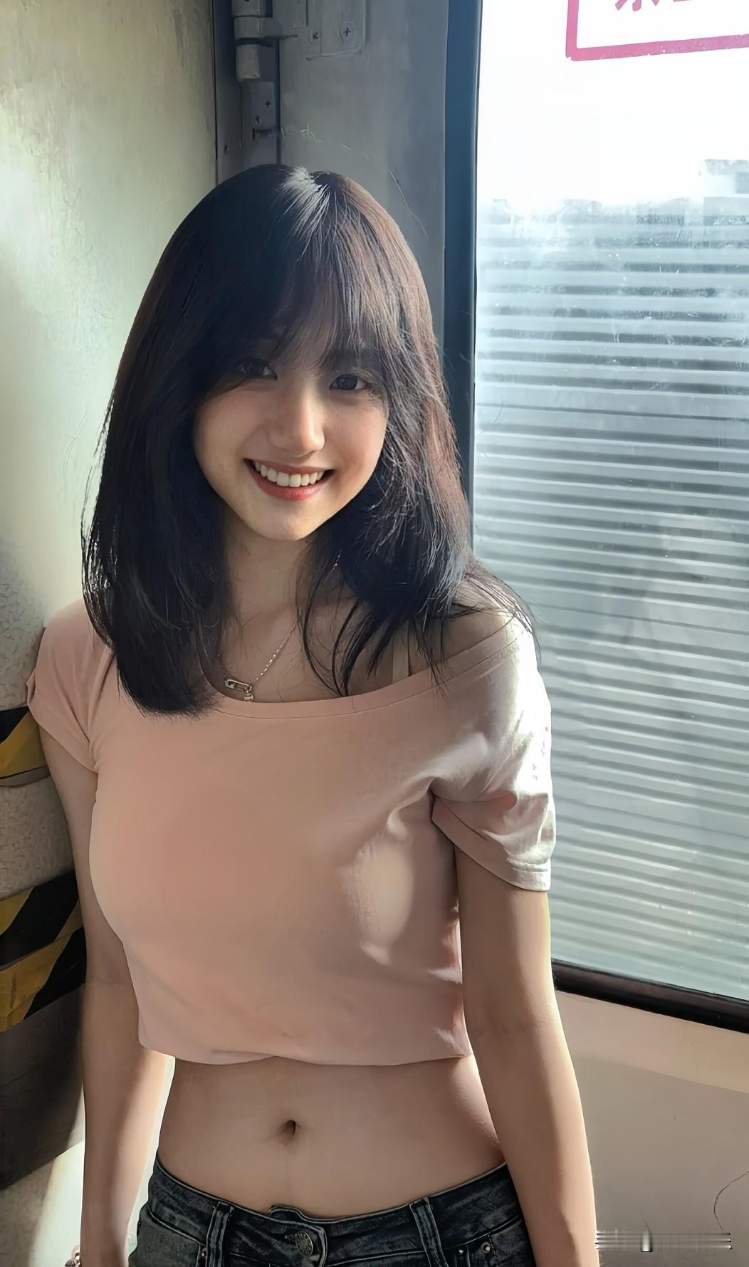 元气少女，甜美笑容，粉色上衣搭配牛仔裤，清新自然！分享一张最近随手拍的照片分享