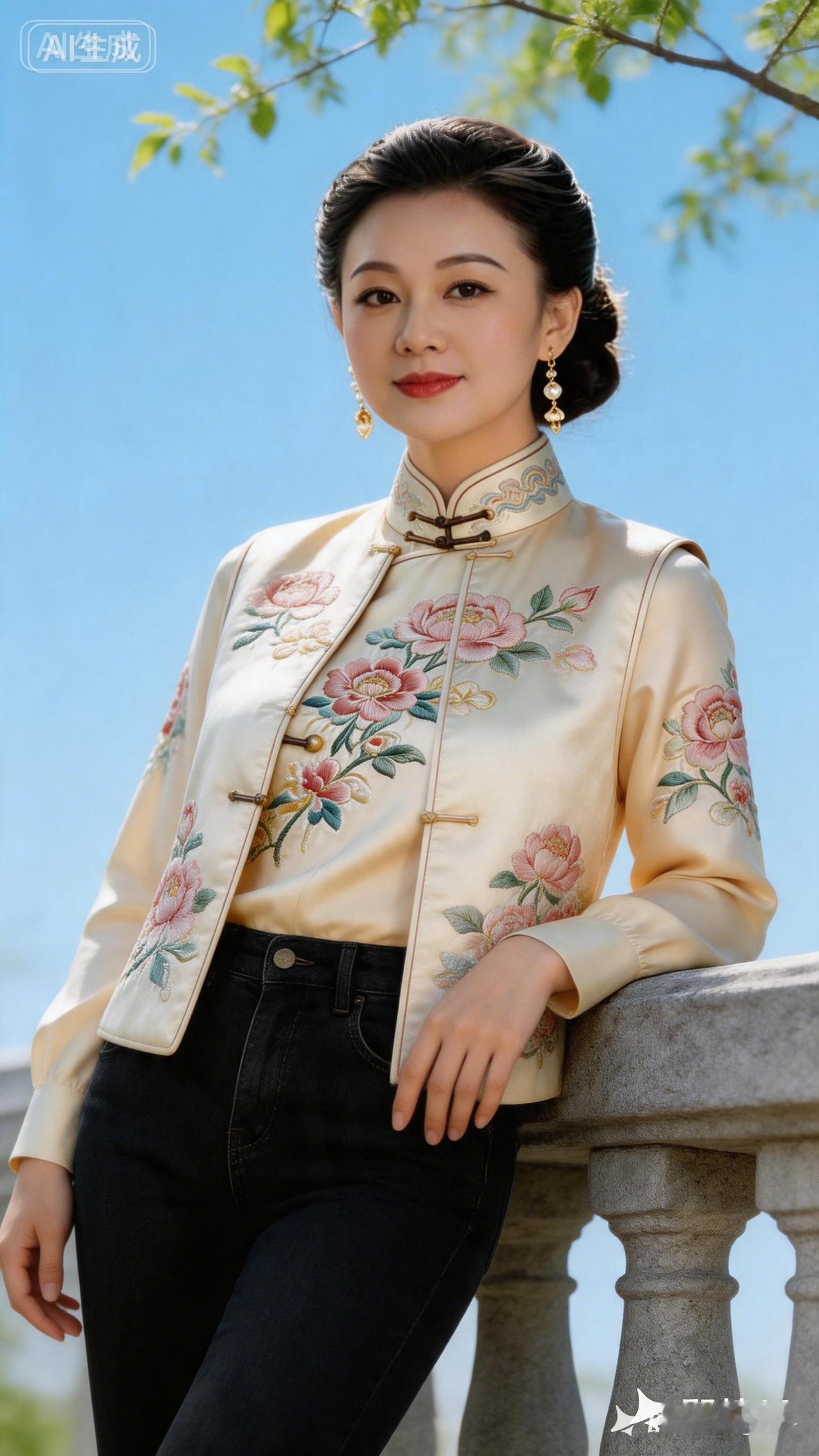 这位美女穿着花旗袍，靠在栏杆上。