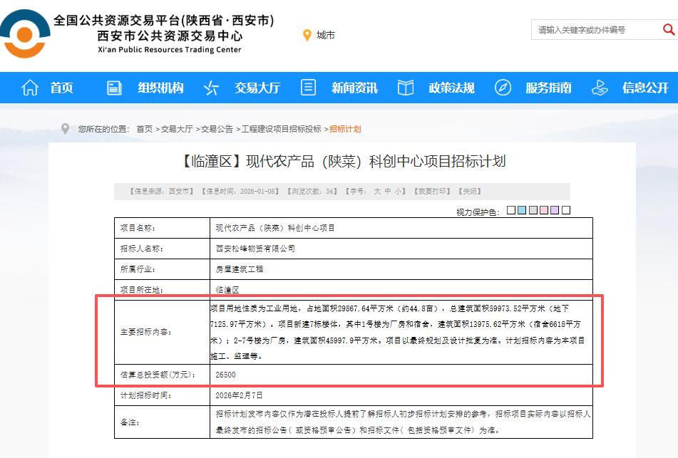 总投资2.65亿！招标计划发布！西安现代农产品（陕菜）科创中心项目正式进入招标阶