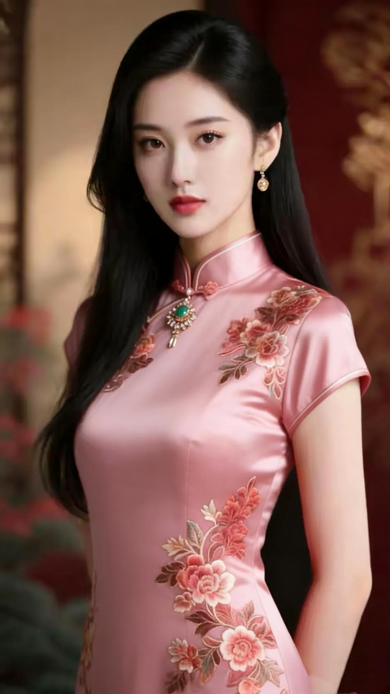 《粉襟藏雅柔》暖光轻笼的室间里，她立在其中，粉缎旗袍如浸了柔雾的锦，衣上绣