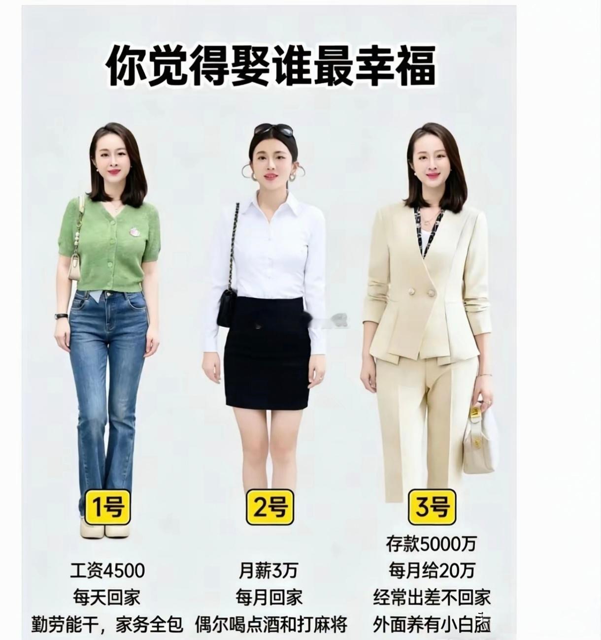 实话实说，下图中几个美女，彩礼都是一样多，你会选谁！1号：工资每月4500，每天