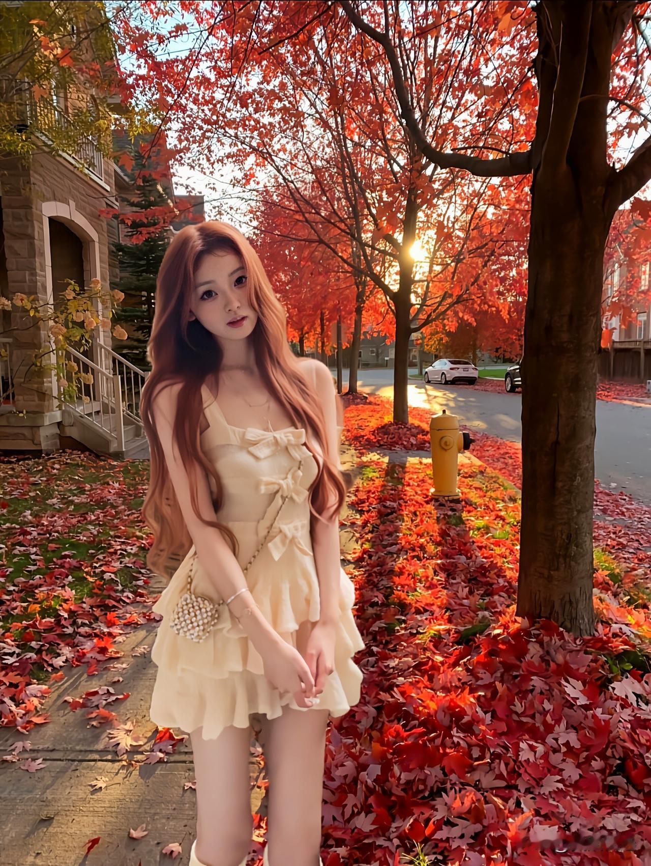 秋日暖阳下，红叶飘舞，少女漫步在落叶铺满的小径上，唯美如画。