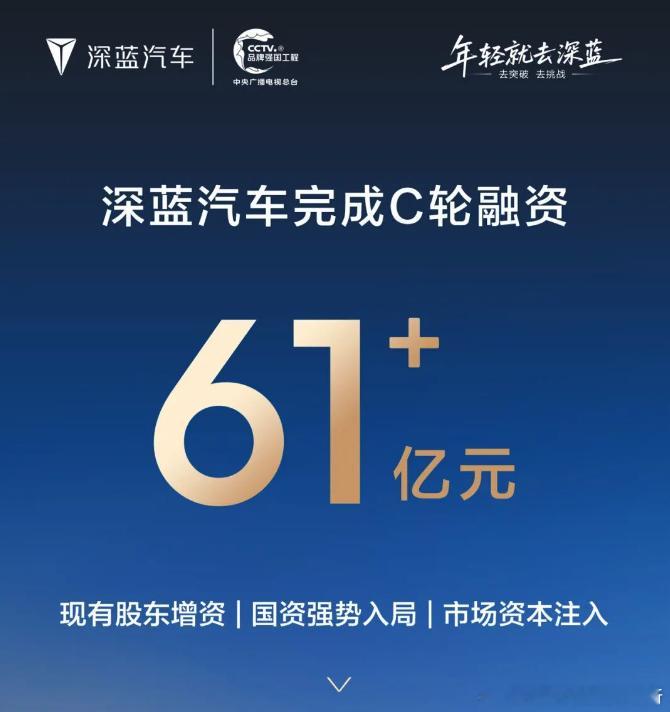 深蓝汽车宣布完成C轮61亿元融资本轮增资来自长安汽车、重庆渝富控股集团、招银金