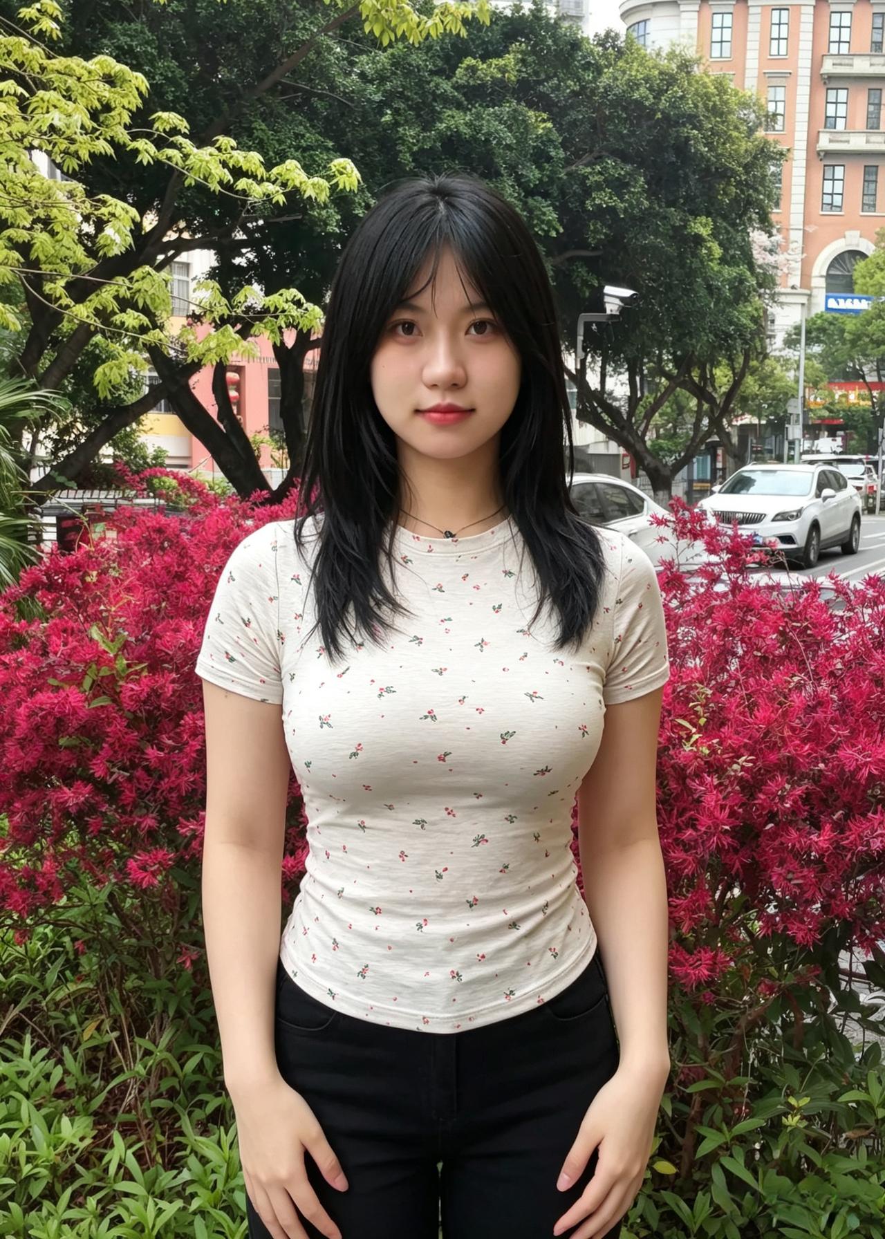 红丛翠叶映芳姿，黑发如墨衬冰肌。一立春风花失色，人间何必觅仙姬。