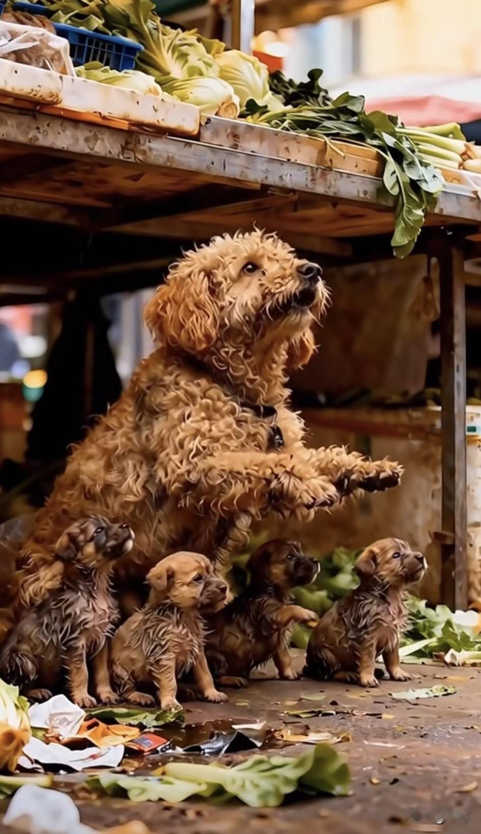 泪目了！一只流浪狗妈妈带着三只小奶狗一直风餐露宿的在外流浪，这天它找到了一个菜摊