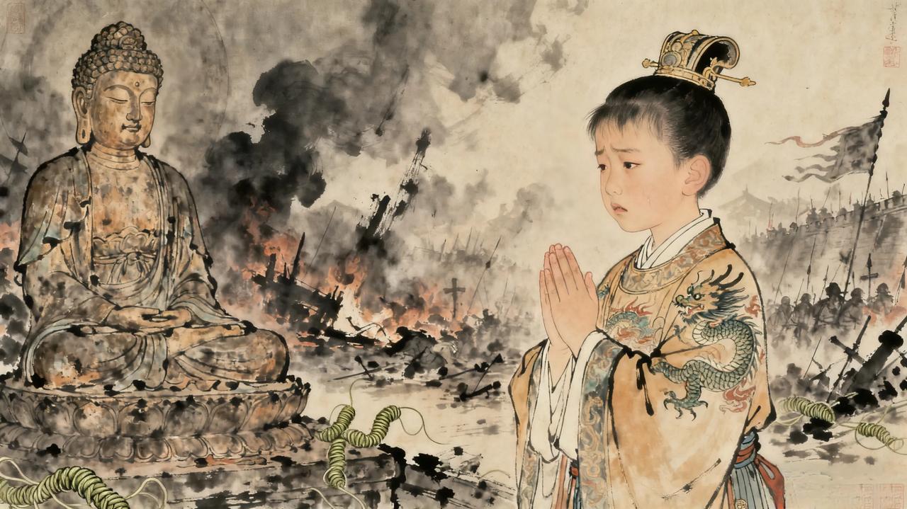 479年，宋顺帝刘准颁诏，将帝位传给齐王萧道成。十三岁的刘准藏在了佛像的宝盖