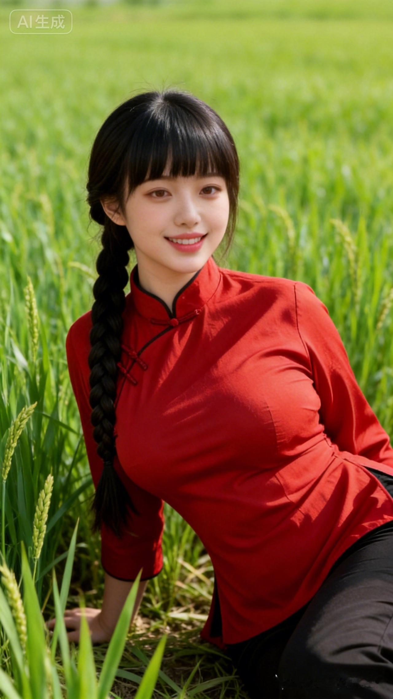 在田野间，红衣少女微笑如花，与自然融为一体。