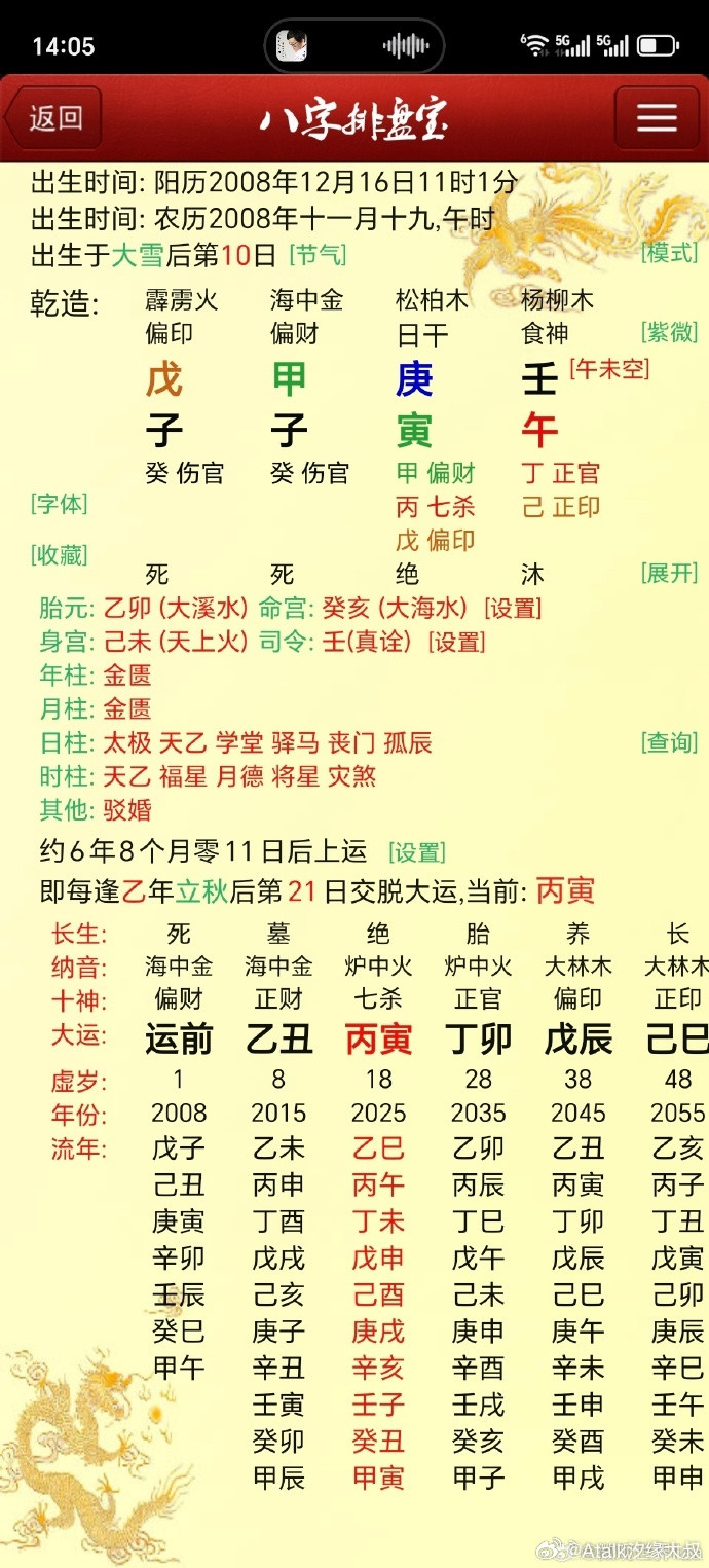 网络上的命例：上个月生命终局，为何？这个八字的寿元星是戊土，戊土在地支的根为午火