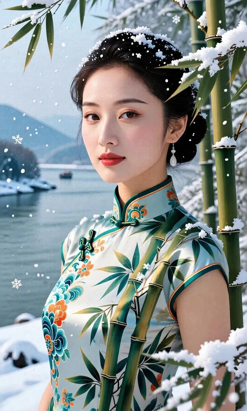 冬日竹林中的古典美人，雪中绽放，韵味十足。