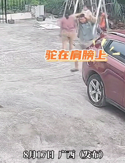 广西，一爸爸带着自己女儿在其脖子上骑大马，哪知上一秒爸爸还稳着女儿向前走，结果下
