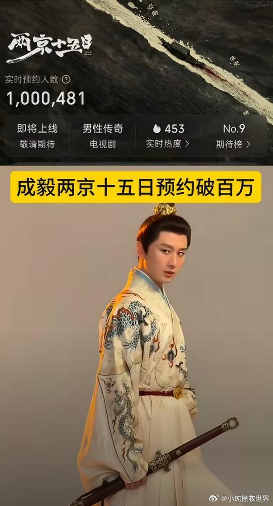 一部剧，预约破100万，话题阅读超16亿。成毅的《两京十五日》，还没播，看着要